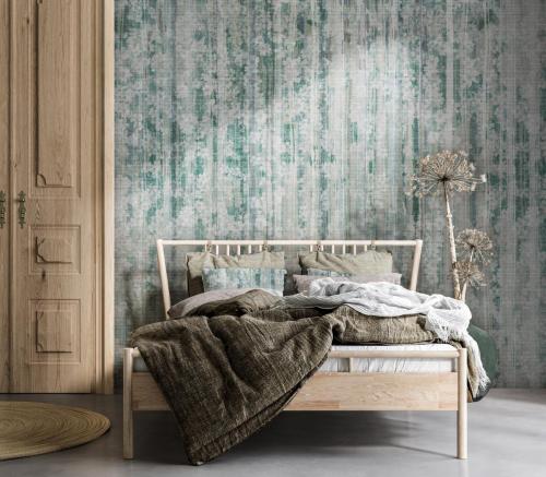 Bed,With,Linen,Bedding,,Dry,Plant,And,Wooden,Door,In