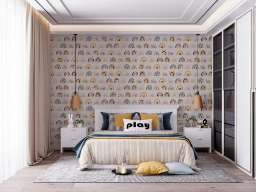 Interior,Kids,Bedroom,Wallpaper,Mockup,-,3d,Rendering,,3d,Illustration